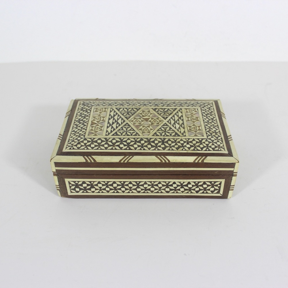 Vintage Mother of Pearl and Bone Inlay Box, Hinged Lid Wood Box, Brown Wood